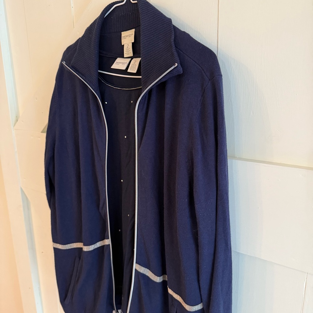 Chico's Zenergy Blue Zip Up Cardigan & Coordinating Long Sleeve Tee Sz 2 (L) - Picture 3 of 16